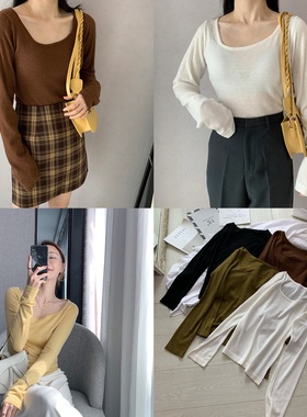 SA小树家 清仓早秋新基本款不规则方领复古显瘦羊绒打底衫女