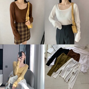 SA小树家 清仓早秋新基本款不规则方领复古显瘦羊绒打底衫女