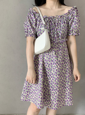 小树家自制清仓夏季紫色碎花小荷叶边木耳边甜美一字肩连衣裙
