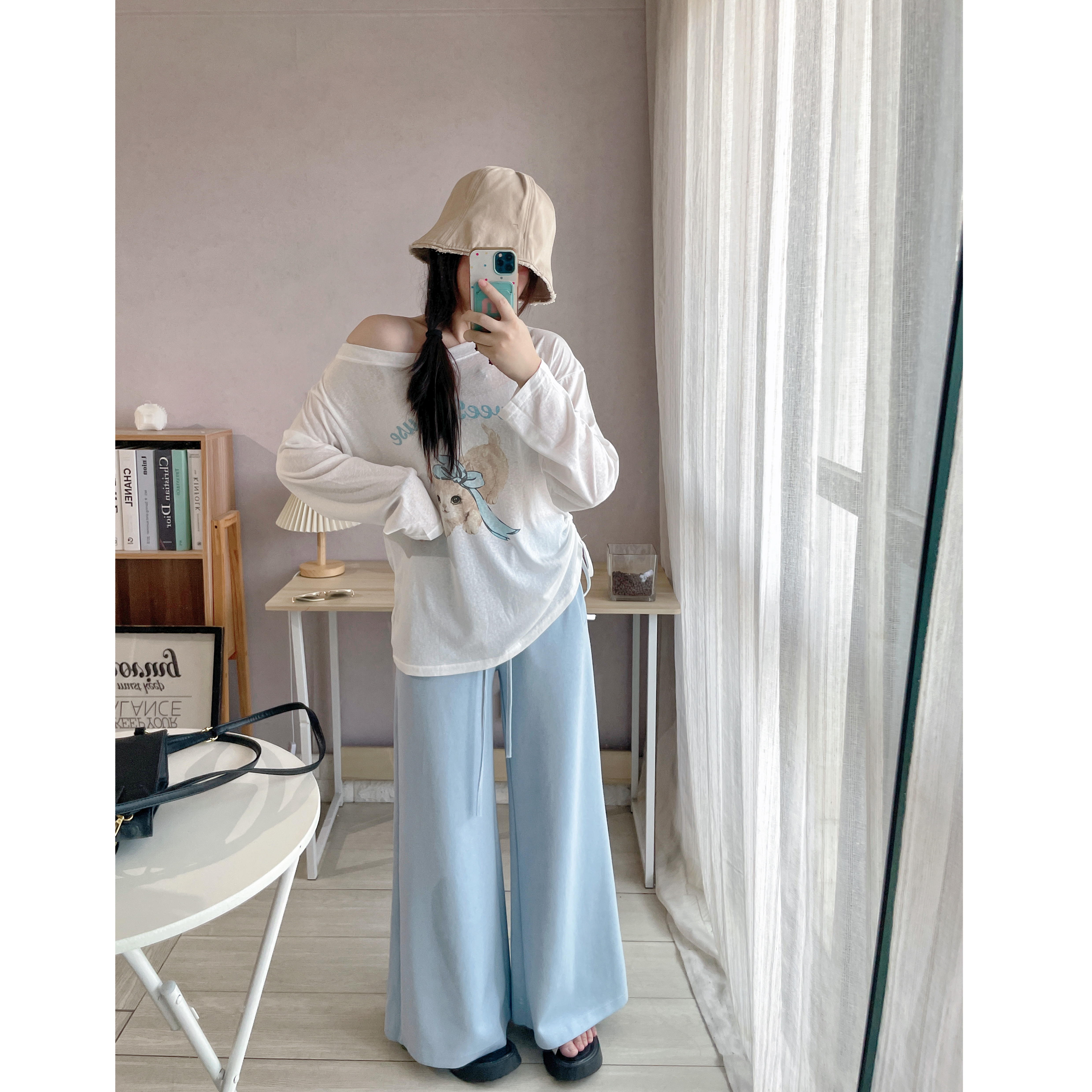 SA小树夏季斜肩猫咪印花薄款防晒罩衫女减龄可爱上衣长袖t恤