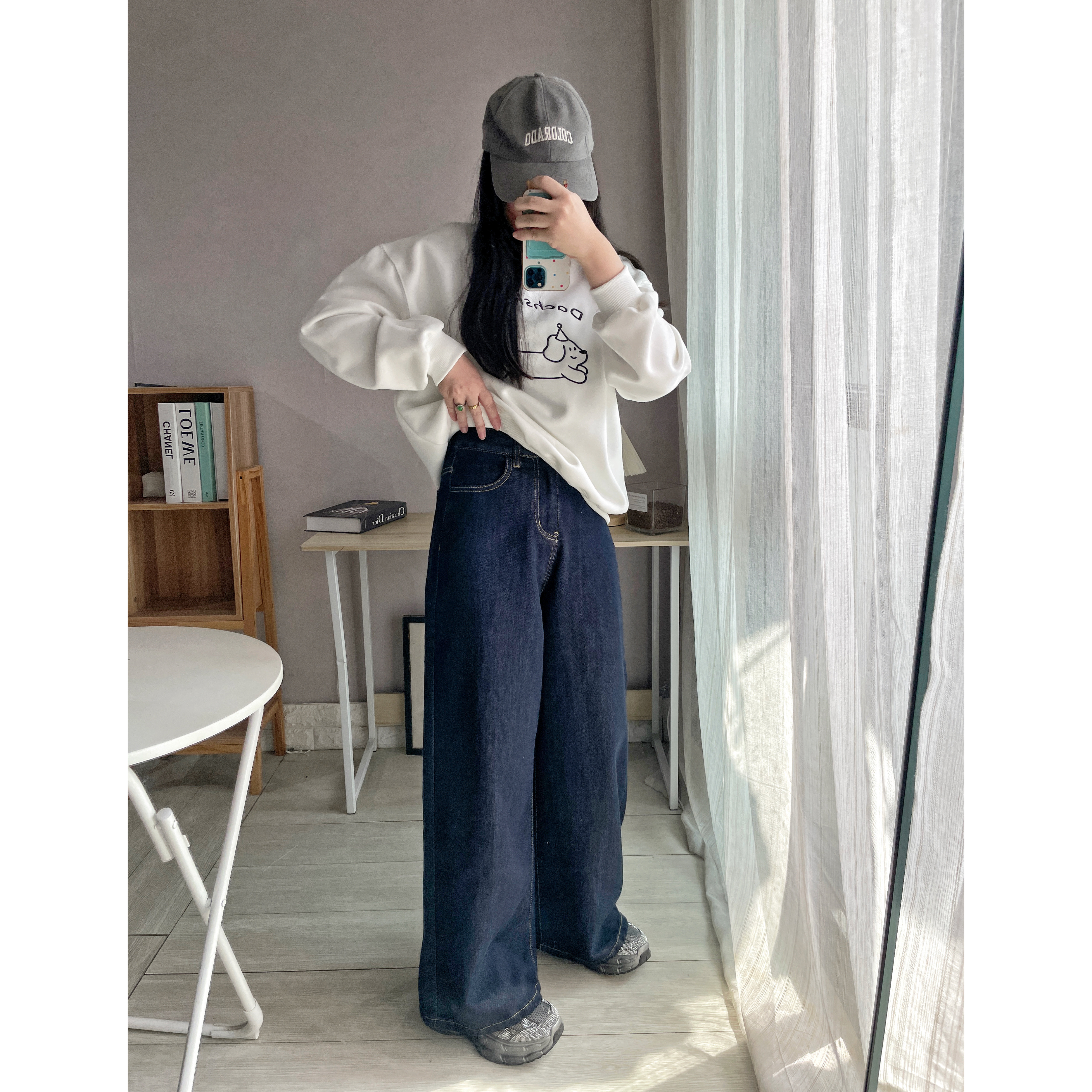 SA小树2025复古小个子深蓝色加绒牛仔裤阔腿女高腰显瘦宽松拖地裤