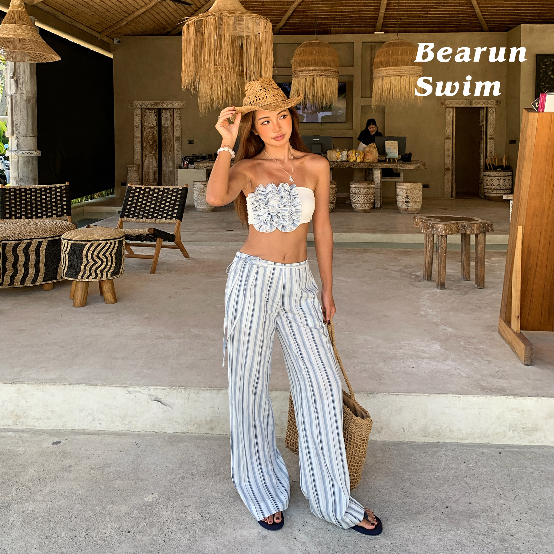 BEARUN SWIM 度假风条纹套装女2026设计感抹胸背心上衣裤子两件套图片