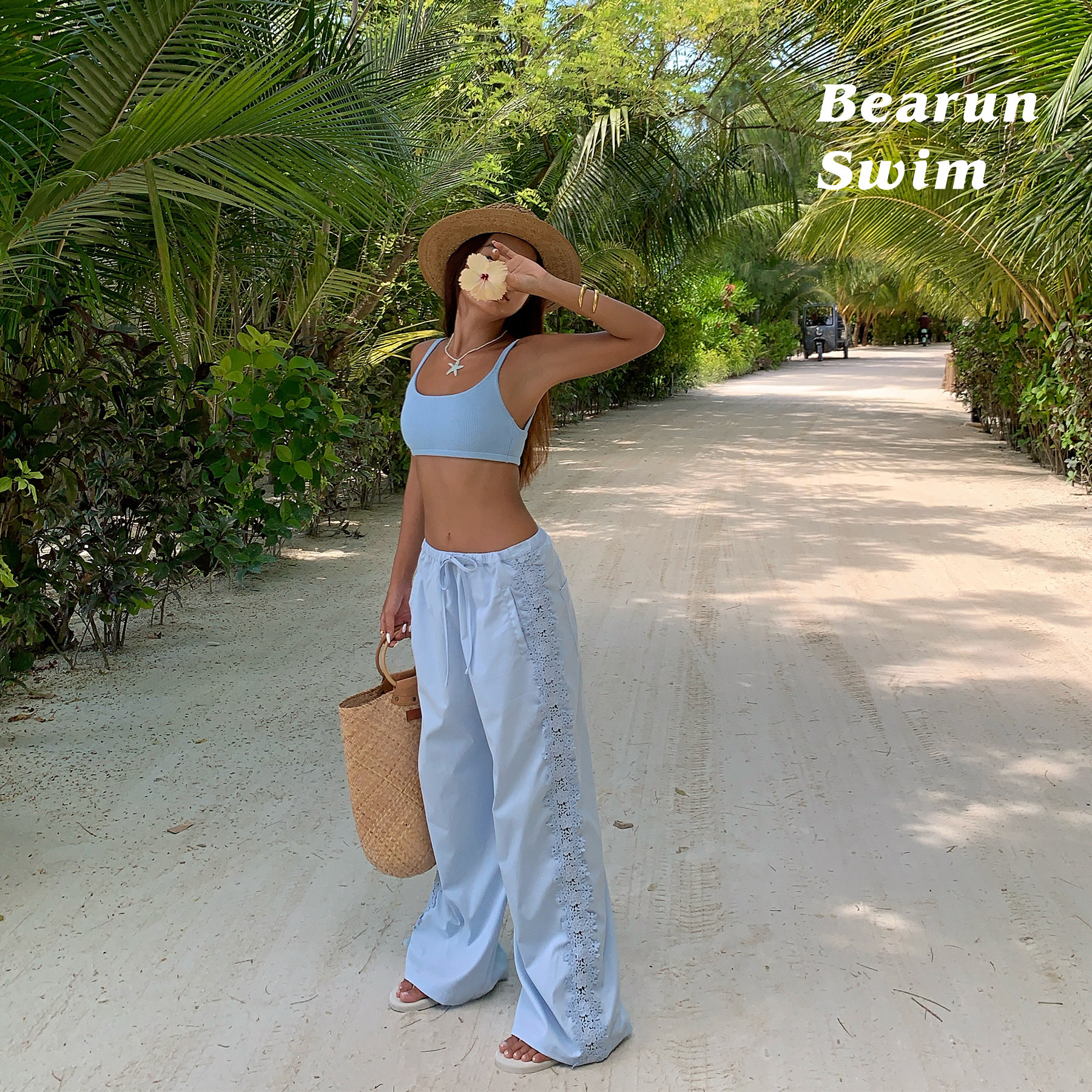 BEARUN SWIM 海边度假阔腿裤女2026新款设计感绣花直筒裤休闲裤子