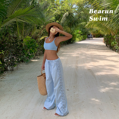 BEARUN SWIM 海边度假阔腿裤女2025新款设计感绣花直筒裤休闲裤子