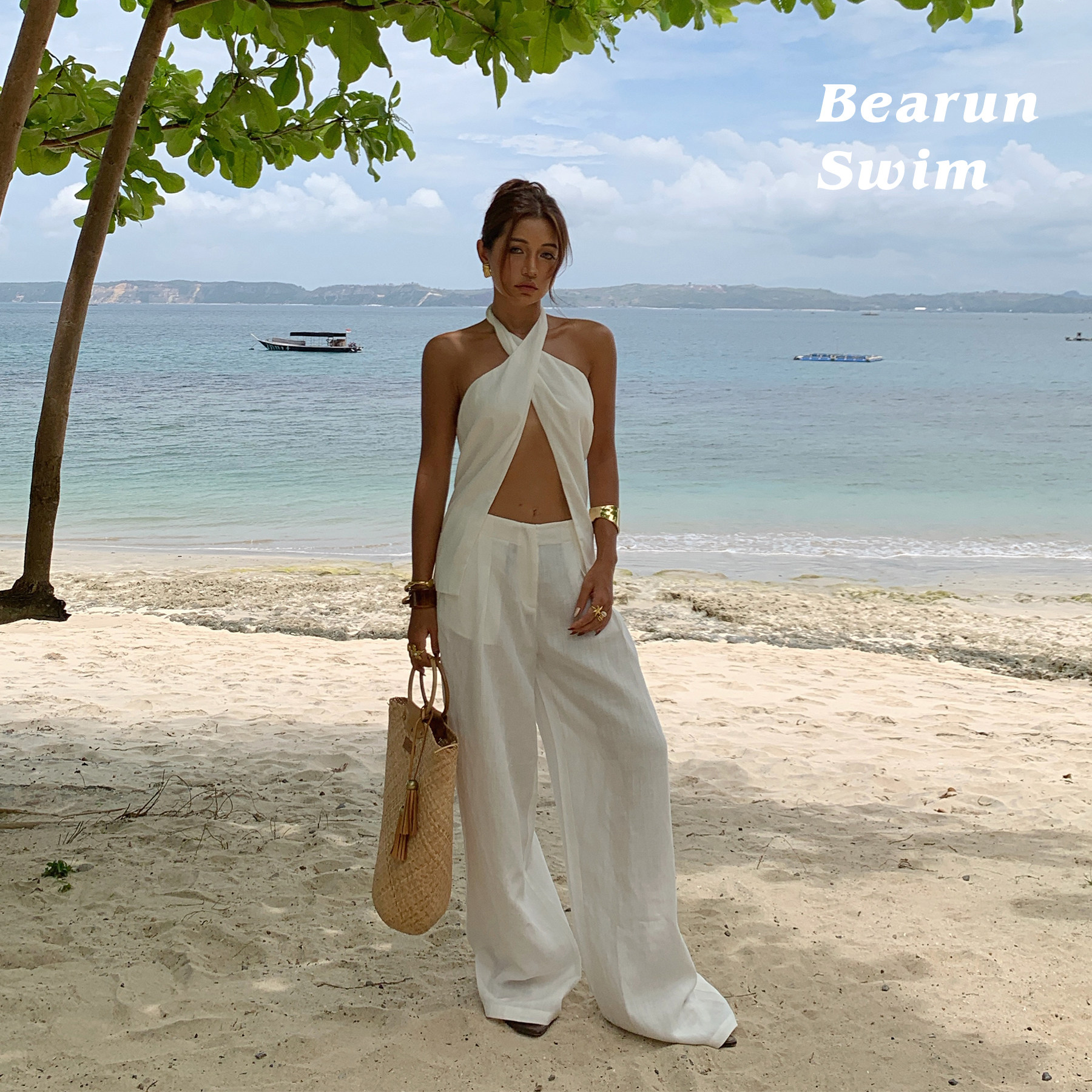 BEARUN SWIM 海边度假风套装女2026新款露背挂脖上衣长裤子两件套图片