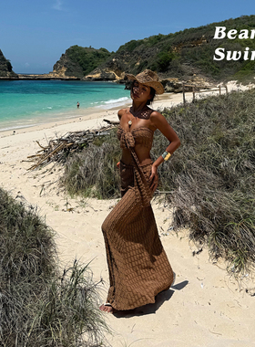 BEARUN SWIM 海边度假风套装女2025新款抹胸上衣半身裙格纹两件套