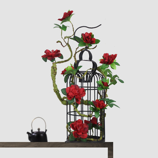 新中式原创鸟笼装饰摆件铁艺仿真花套装别墅客厅假花花艺摆放绢花
