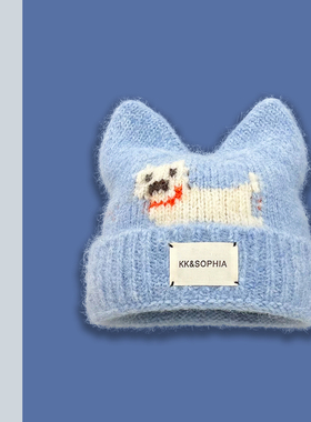 TURN2SPRING 小众设计感 韩版可爱小狗钩花猫耳朵毛线帽 针织帽