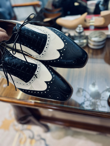 黑白拼香槟鞋固特异手工沿条皮鞋男布洛克雕花牛津鞋复古真皮皮底