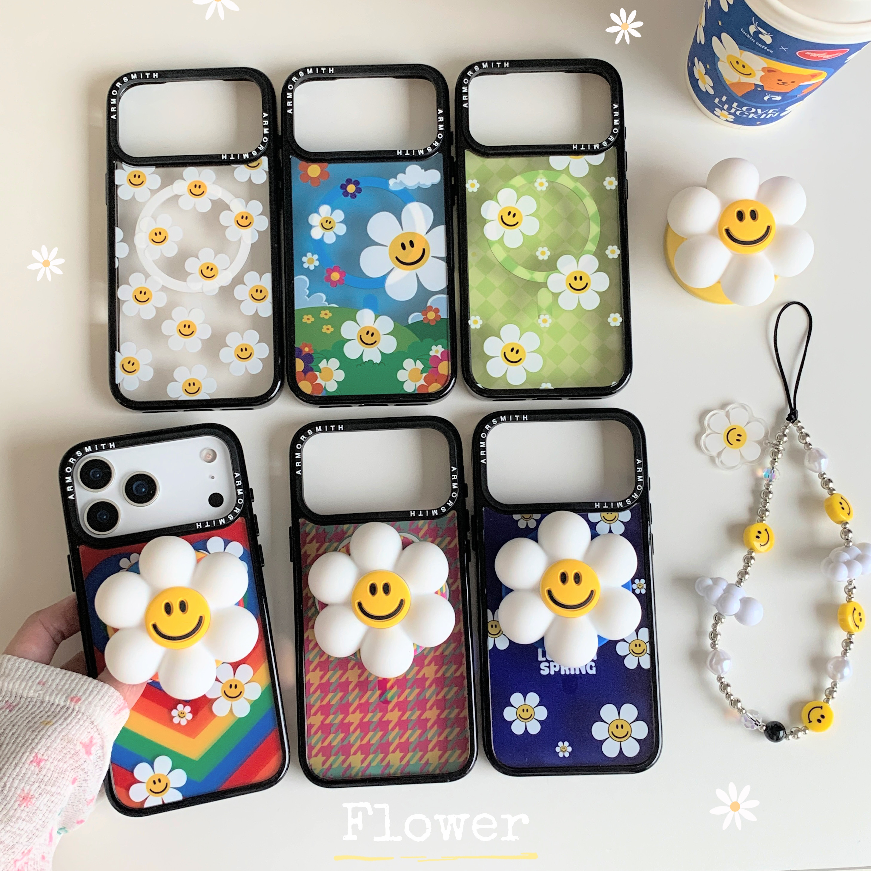 韩风笑脸雏菊磁吸支架适用iphone16pro手机壳苹果15新款12/13趣味卡通14亚克力硬底软边17promax硬底
