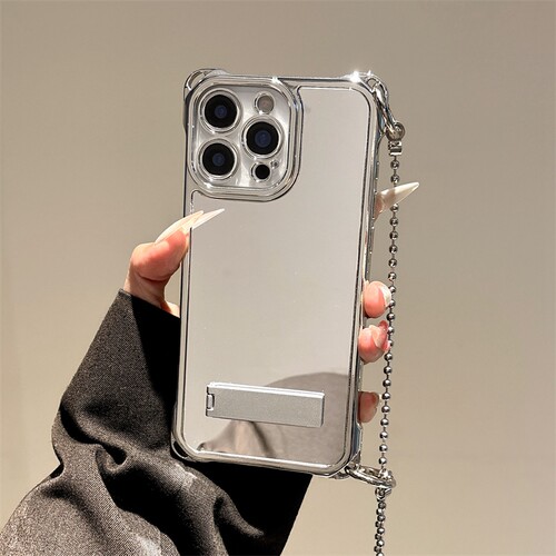 银色电镀全屏镜面适用iphone16手机壳15proMAX四角防摔可挂绳苹果13折叠支架14/17高级感保护套12斜跨链条18P