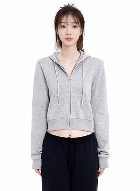 BM卫衣女短款露脐外套2025新款拉链开衫春秋灰色卫衣bm开衫外套女