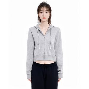 BM卫衣女短款露脐外套2025新款拉链开衫春秋灰色卫衣bm开衫外套女