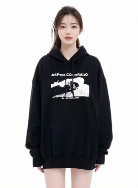 BM卫衣章若楠同款滑雪板印花宽松oversize美式bm卫衣外套女春秋