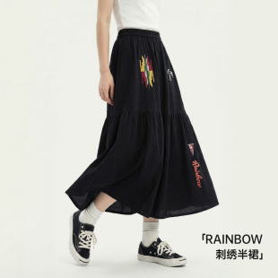 马登黑色复古松紧腰刺绣花A字过膝大裙摆半身长裙拼接裙子女士春