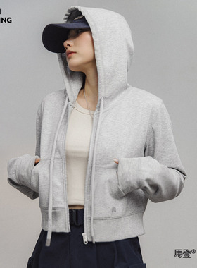 马登斯波蒂奇克短款修身灰色连帽拉链卫衣开衫运动外套上衣女士秋
