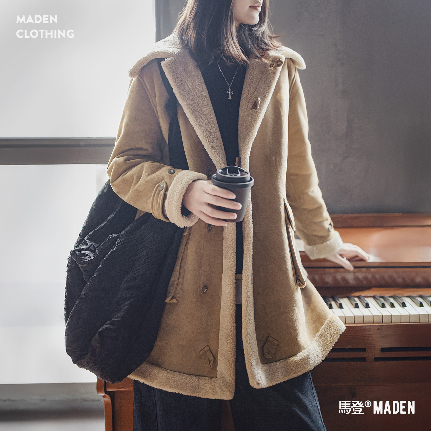 马登复古巴恩风皮毛一体立翻领中长款加绒夹棉服袄大衣外套秋冬女