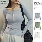 正肩长袖 内搭棉打底衫 t恤显身材上衣春女 修身 马登白色针织亨利衫