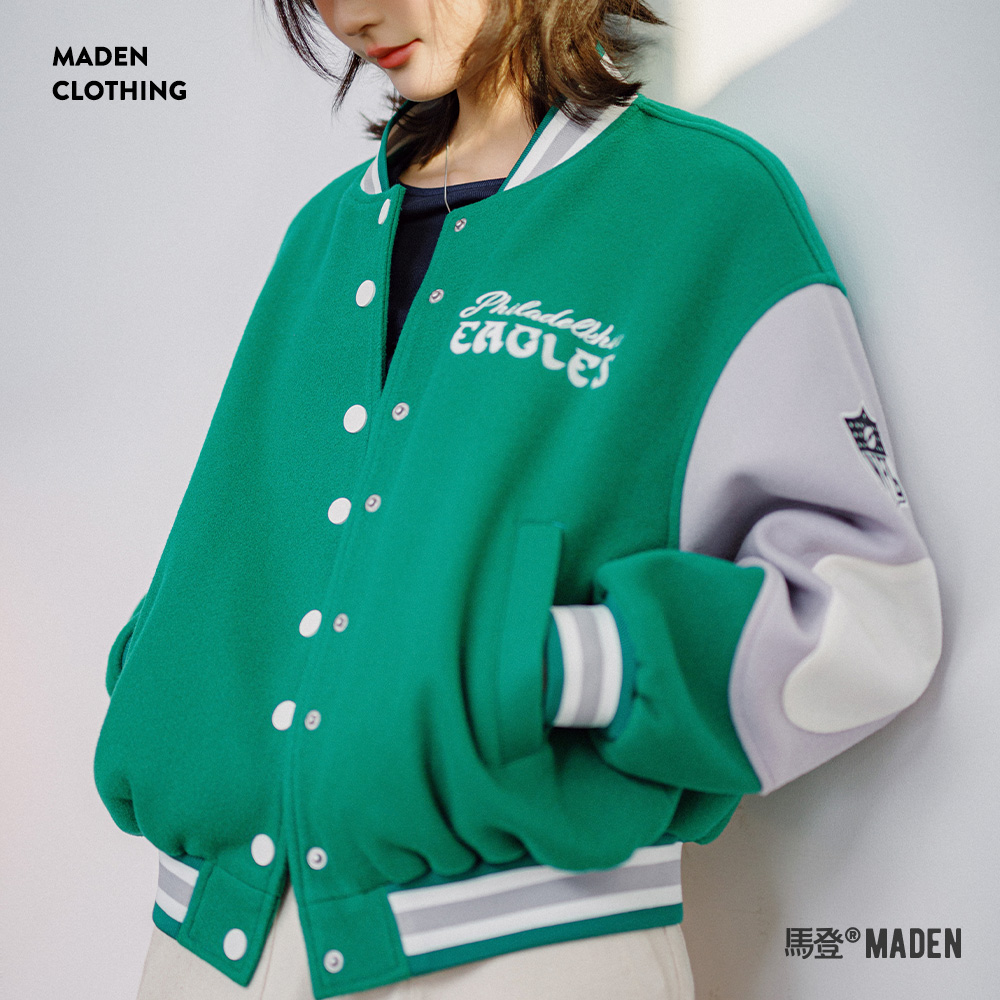 撞色拼接棒球服外套毛呢夹克