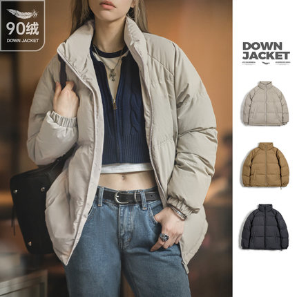 马登工装立领90白鸭绒泡芙羽绒服短款面包服保暖加厚防寒外套女冬