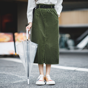 马登雅丹风灯芯绒开叉直筒包臀半裙棕色工装 女 a字厚半身裙子春季