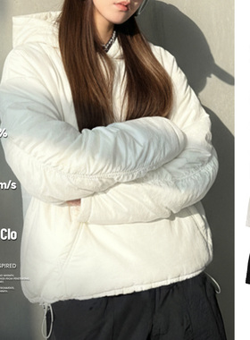 马登黑白色宽松廓形加厚保暖套头气绒棉服连帽卫衣夹克外套女士冬