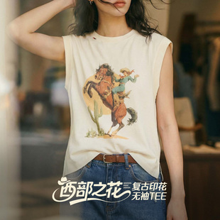马登美式复古薄款西部风印花无袖坎肩T恤背心马甲上衣女士夏外穿