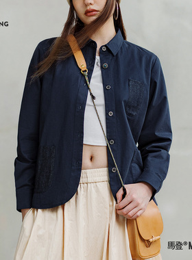 马登美式复古蓝色牛仔衬衫休闲小个子纯棉外套宽松长袖上衣春女