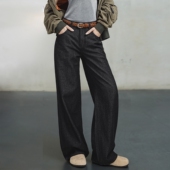 复古黑色牛仔裤 直筒休闲裤 宽松显瘦阔腿裤 马登美式 拖地长裤 女士春