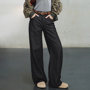 拖地长裤 马登美式 宽松显瘦阔腿裤 直筒休闲裤 女士春 复古黑色牛仔裤