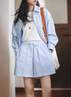 马登水手蓝白色竖条纹短裤纯棉休闲衬衫海岛度假风衬衣套装春夏女