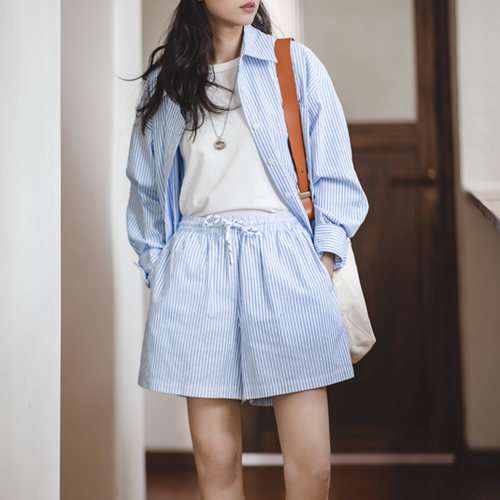 马登女装夏季条纹衬衫短裤套装