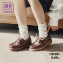 马登复古红棕色气质老钱风系带圆头平底乐福帆船鞋牛皮单鞋女士秋