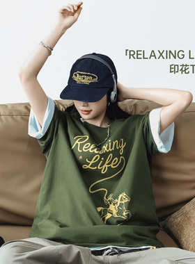 马登美式复古墨绿色圆领纯棉宽松版落肩袖印花短袖T恤上衣女士夏