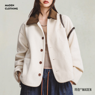 马登复古奶白毛呢工装外套法式气质翻领猎装夹克休闲短上衣秋季女