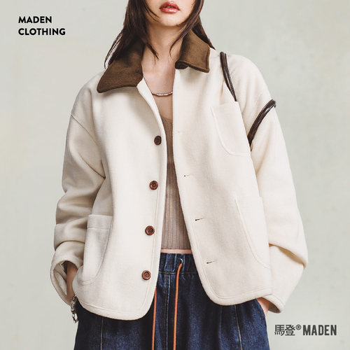 复古奶白毛呢外套翻领大衣