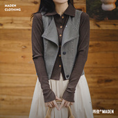 马甲做旧复古外叠穿坎肩女春 开衫 马登格雷系大翻领解构感无袖 工装