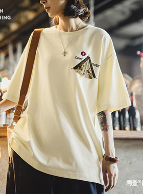 马登复古宽松落肩上衣纯棉白色刺绣大码中长款T恤半短袖女士夏季