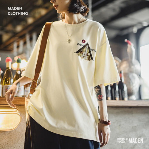 马登复古宽松落肩上衣纯棉白色刺绣大码中长款T恤半短袖女士夏季