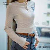 印花亨利衫 领修身 磨毛基础打底衫 马登2025新款 复古长袖 T恤女士春
