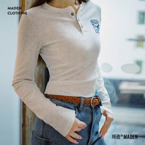 马登2026新款印花亨利衫领修身磨毛基础打底衫复古长袖T恤女士春