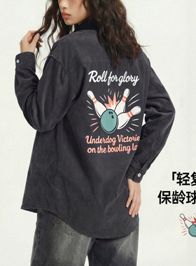 马登黑色复古桃皮绒古巴领衬衫印花外套长袖上衬衣内搭叠穿女士春