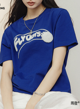 马登克莱因蓝短袖棒球纯棉T恤大oversize休闲宽松落肩显瘦上衣女