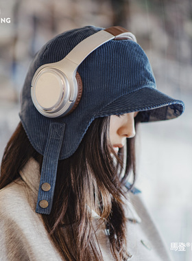 马登复古灯芯绒加厚防风防寒保暖飞行员蓝色护耳雷锋帽子女士冬天