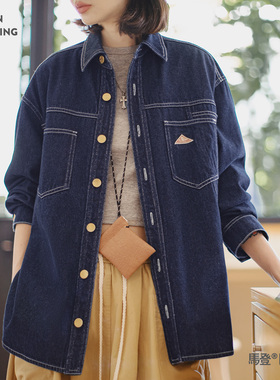 马登美式复古翻领丹宁牛仔衬衣夹克宽松长袖衬衫外套上衣女士春季