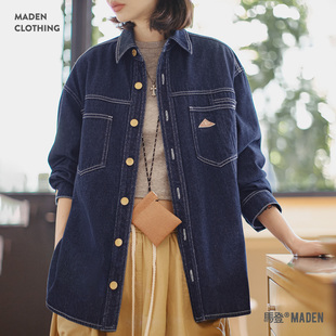 外套上衣女士秋季 衬衫 复古翻领丹宁牛仔衬衣夹克宽松长袖 马登美式