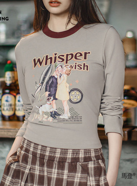 马登复古插画滚边Ringer T恤卡其绿美式机车印花长袖上衣秋季女