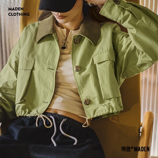 拼接领抽绳上衣春女 马登巴恩风浅春系鼠尾草绿多口袋翻领夹克猎装