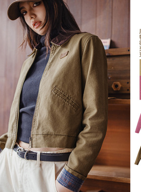 马登美式巴恩风卡其撞色翻领底特律工装夹克美高短外套上衣女士春