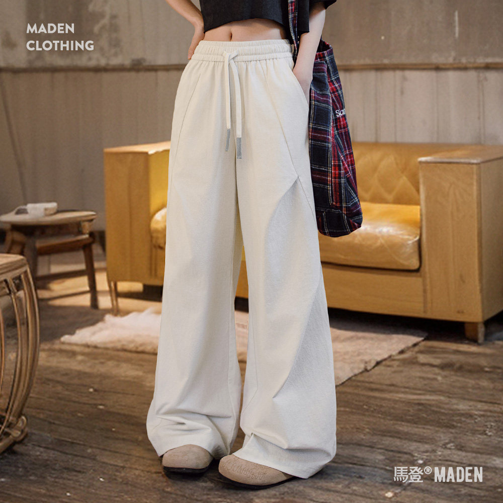 马登白色薄款纯棉松紧腰直筒宽松垂感休闲裤阔腿拖地卫裤子女士春 - 马登女装出品